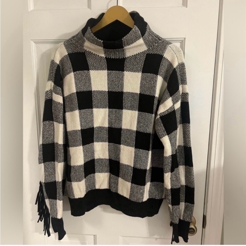 Lauren Ralph Lauren Buffalo Plaid Fringe Sleeve Sweater Size M Black White